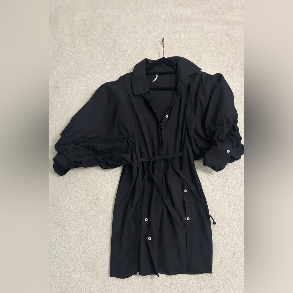 Free People Black Long Sleeve Button Front Dress with Tie Waist